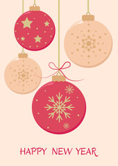 Happy new year vertical background with red ang beige christmas balls. Vector illustration, banner, social media post, card.