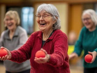 A diverse group of seniors enjoying a community event, engaging in wellness activities together