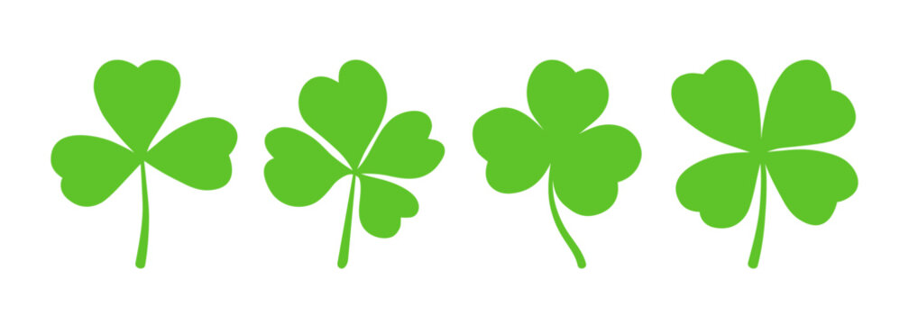 Lucky four, three clover shamrock leaf icon flat style silhouette vector illustration set. Irish celtic St Patrick Day logo shamrock clover leaf symbol collection. Luck and happiness Irish ornament.