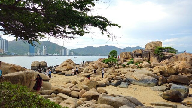Close up of massive rocks at Hon Chong Cape Rock Garden by the sea at Nha Trang city, Vietnam.	