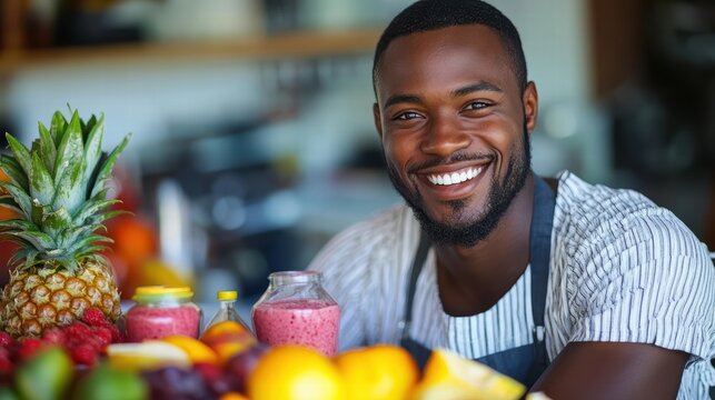 A man smiling while preparing a smoothie with fresh fruit, showing a commitment to healthy eating habits.