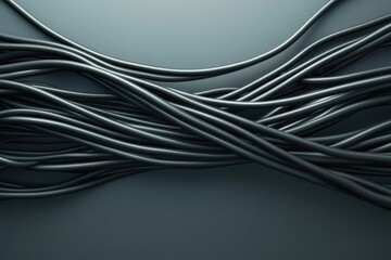 Obraz premium Abstract close-up of intertwined cables in a dark setting, showcasing the texture, shape, and form of flexible wires creating a tangled visual pattern.