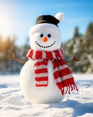 Obraz premium Cheerful Snowman in Snowy Landscape Wearing a Black Hat and Red Scarf