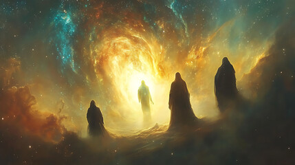 A nebula-filled sky with glowing family shapes guiding a spirit toward a bright, growing light at the center, Cosmic Realism style