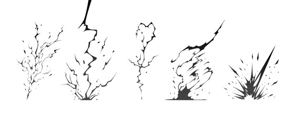 Lightning strike bolt silhouettes sequence vector illustration. Black thunderbolts and zippers are natural phenomena isolated on a dark background. Thunderstorm electric effect of light shining flash.