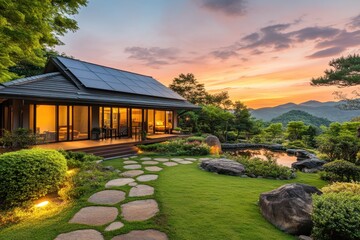 Obraz premium Serene Sunset Retreat Modern Eco-Friendly Home Nestled in Tranquil Nature