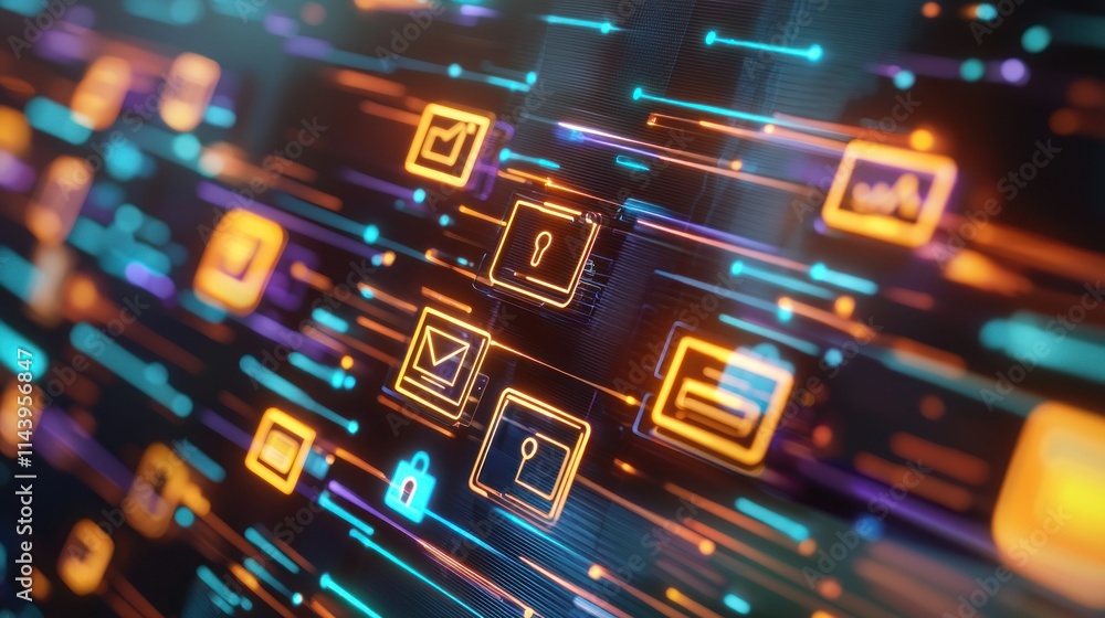 Aufkleber digital icons representing data security and communication.