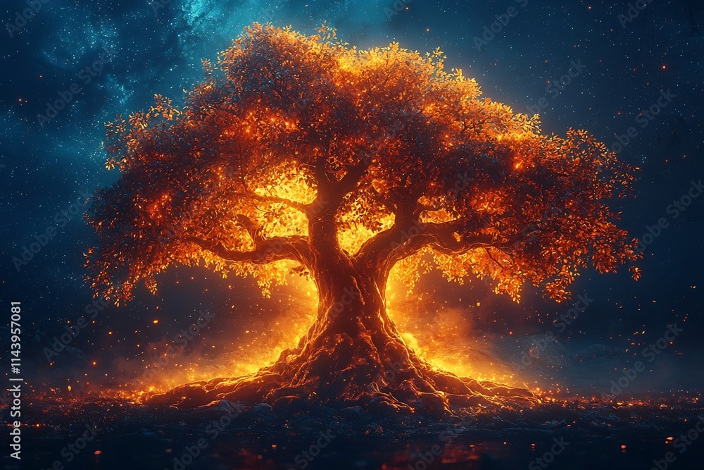 Poster vibrant tree of life with glowing roots and branches concept of interconnected knowledge and wisdom