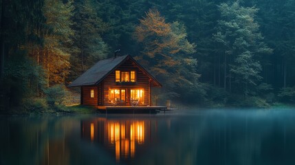 A peaceful cabin by a lake, surrounded by trees, with soft light coming from the windows and the sound of nature all around.