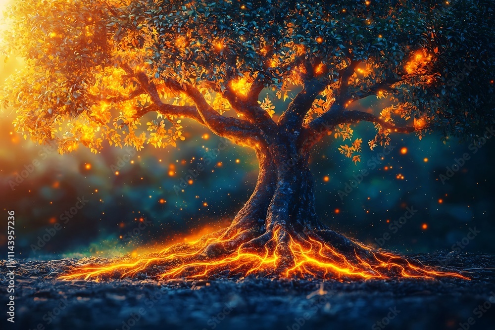 Poster vibrant tree of life with surreal roots and branches representing interconnected knowledge
