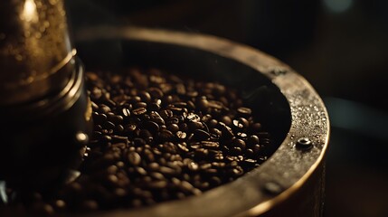 Roasted coffee beans cooling in a roaster.