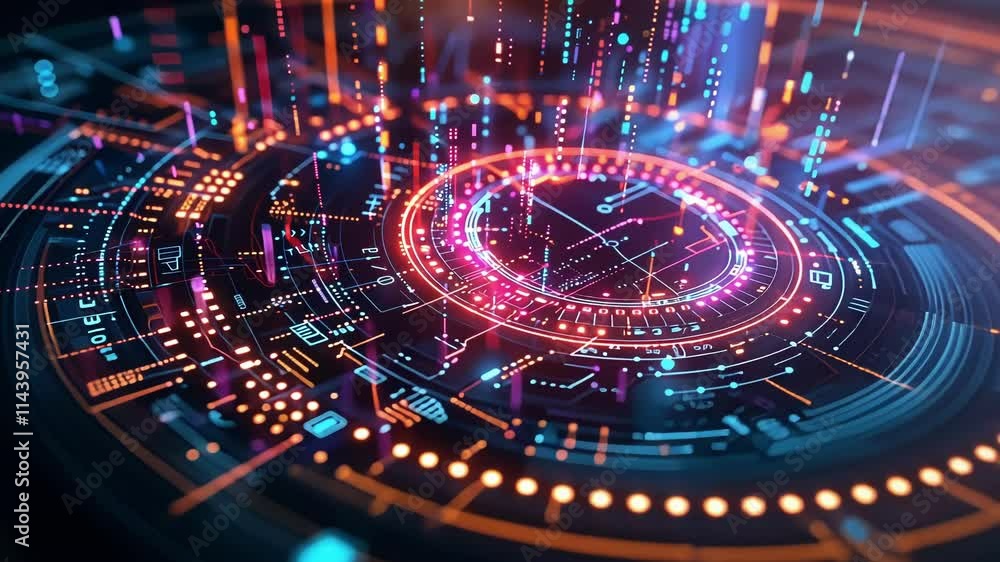 Poster complex digital interface showing data processing and analysis, with glowing lines and circles repre