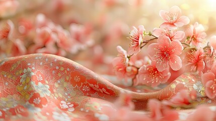 Peach blossoms resting on traditional japanese kimono fabric in soft sunlight