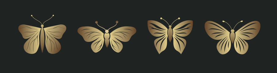 Vector elegant golden butterflies, moths with glitter on dark background. Luxurious design with emphasis on elegance and style. Suitable for decor, branding and art projects