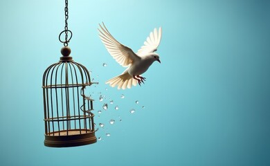 A white dove takes flight from a broken birdcage, symbolizing freedom and liberation.