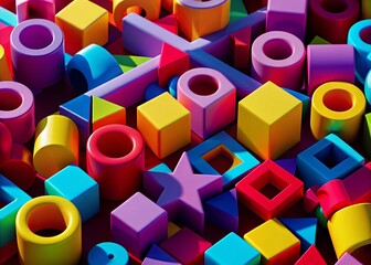 Fototapeta premium Colorful geometric shapes including circles, squares, triangles, and other 3D forms in variety of vibrant colors