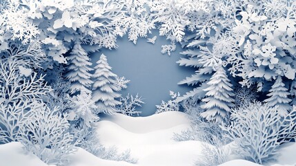 A serene winter wonderland scene featuring delicate paper-like snowflakes, frosty trees, and a light blue background.