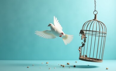 Fototapeta premium A white dove takes flight from a broken birdcage, symbolizing freedom and liberation.
