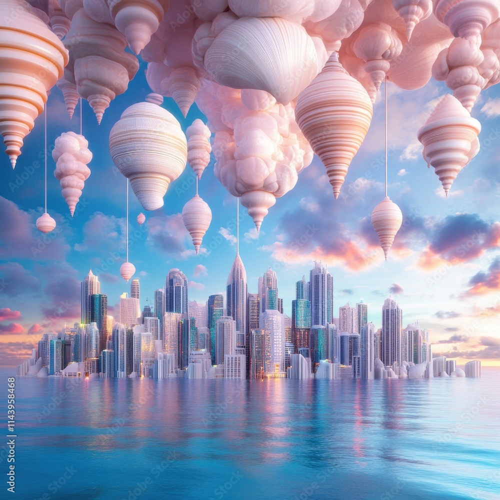 Poster dreamy surreal landscape featuring floating shell forms above a glimmering city with reflective wate