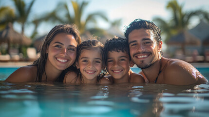 A family of four is posing for a picture in a pool