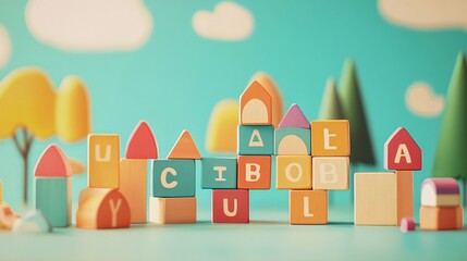 Obraz premium Colorful building blocks arranged creatively in a playful landscape, evoking childhood joy.