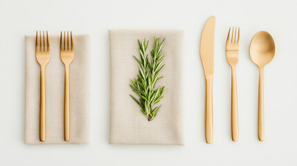Elegant gold cutlery arranged on neutral linen napkin with fresh rosemary, creating sophisticated dining setting. Perfect for upscale dining or culinary presentations