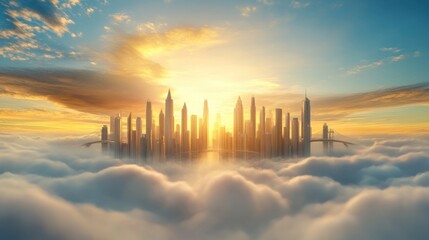 Stunning city skyline above fluffy clouds during sunrise with vibrant colors illuminating skyscrapers and creating a breathtaking urban landscape