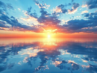 Obraz premium A peaceful sunset over a calm lake, with the reflection of the sky creating a perfect sense of stillness.