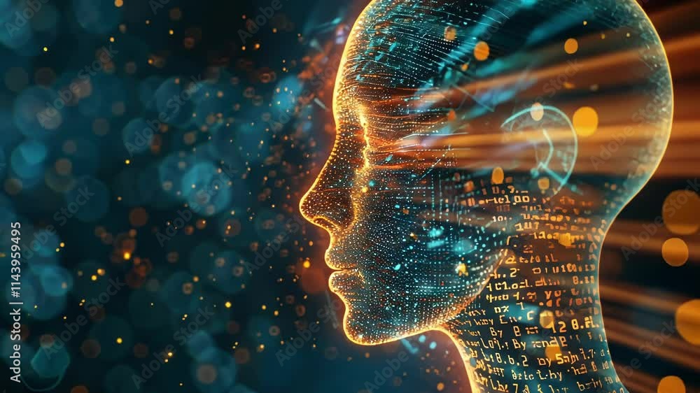 Poster orange and blue particles and numbers flowing from a digital human face represent artificial intelli