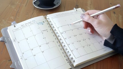 Event planner timetable agenda plan on year 2024 schedule event. Business woman checking planner on mobile phone, taking note on calendar desk on office table. Calendar event plan, work planning