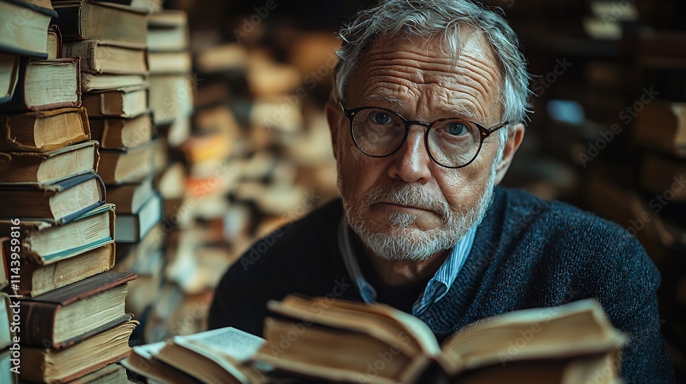 Poster senior professor surrounded by open books in thoughtful expression in classic library setting