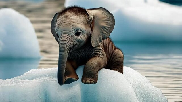 Baby elephant is sitting on top of a block of ice. The elephant is small and cute, and it seems to be enjoying its time on the ice. Concept of wonder and curiosity