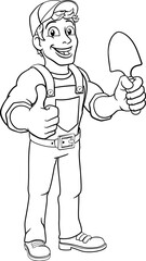 A gardener, handyman or farmer cartoon caretaker contractor man holding a garden spade tool. Giving a thumbs up