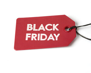 Black Friday text on Red Price tag, Label products, cut out. on isolated white 