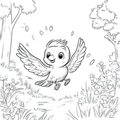 Simple Baby Bird Learning to Fly Coloring Page Illustration for Kids
