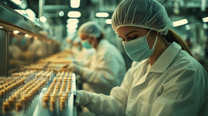 A woman in a lab coat is wearing a mask and gloves