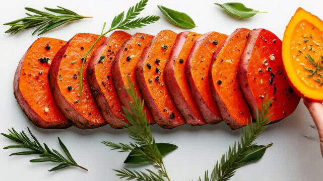 Pile of orange slices of carrots with some herbs on top. The carrots are cut into small pieces and arranged in a row. The herbs add a pop of color and freshness to the dish