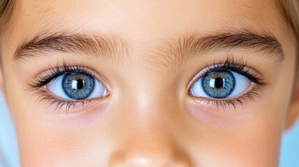Fototapeta premium Captivating Baby Blue Eyes: A close-up revealing a pair of striking, bright blue eyes belonging to a young child. The image focuses on the captivating details of the irises and lashes.