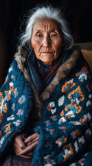 A woman is sitting in a chair with a blue blanket draped over her