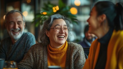 Fototapeta premium A person with a disability enjoying a moment of laughter with friends, all sharing a joyful conversation in a comfortable setting.