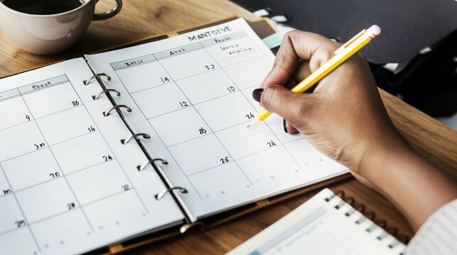 Event planner timetable agenda plan on year 2024 schedule event. Business woman checking planner on mobile phone, taking note on calendar desk on office table. Calendar event plan, work planning