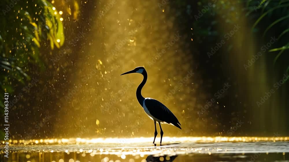 Poster elegant heron stands in shimmering water with sunlight filtering through trees at dawn