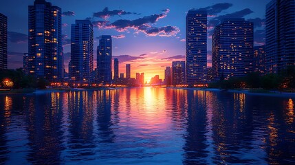 Cityscape Sunset Reflecting On Calm Water