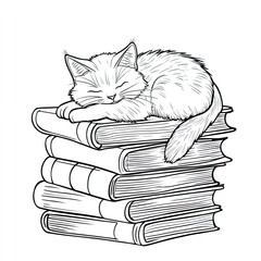 Simple Coloring Page: Cute Cat Napping on a Stack of Books for Kids