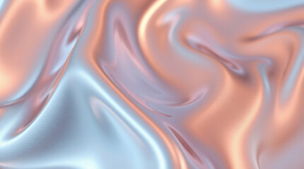 Obraz premium Abstract image of flowing, iridescent fabric. The material displays soft, pastel shades of peach and light blue, creating a smooth, wavy texture. The lighting is subtle and even.