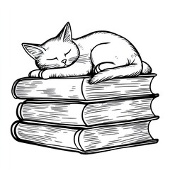 Simple Coloring Page: Cat Napping on a Stack of Books for Kids