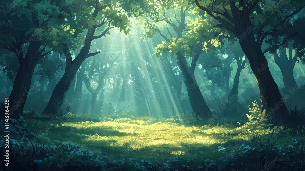 Poster a quiet forest with sunlight filtering through the trees, casting soft shadows on the forest floor, 