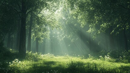 Fototapeta premium A quiet forest with sunlight filtering through the trees, casting soft shadows on the forest floor, creating a peaceful atmosphere.