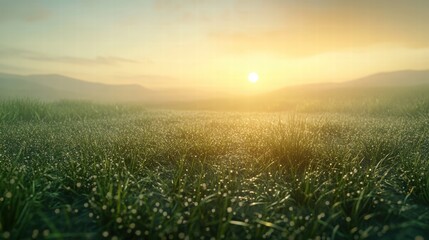 A quiet meadow with dew-covered grass, the sun slowly rising over distant hills.