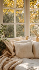 A quiet room with soft pillows, a blanket, and natural light creating a cozy and peaceful atmosphere.